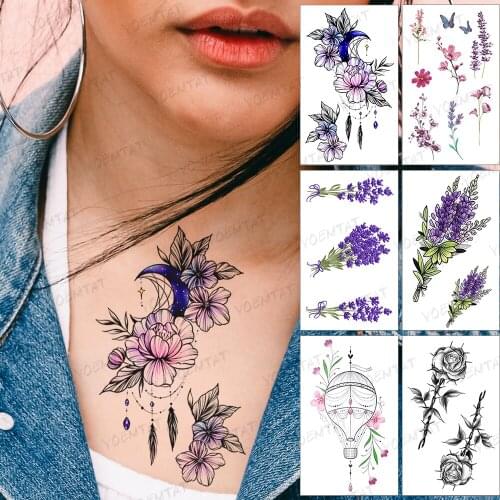 Waterproof Temporary Tattoo Sticker Color Purple Moon Flower Linear Geometric Tatto Arm Woman Man Child Fake Tattoos