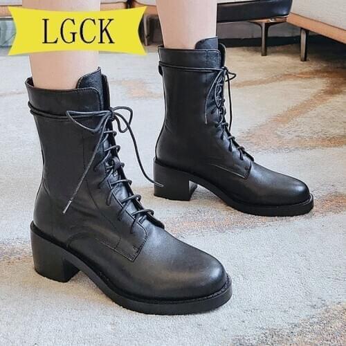 Plus Size 34-40 Spring Square Heels Women Motorcycle Ankle Boots Female Lace Up Autumn Black Genuine Leather Shoes Woman Winter