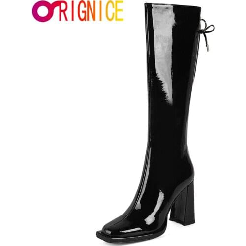 Orignice Designer Women Knee High Boots Thick Heel Fashion Square Toe Patent Leather Brown Beige Black Bowknot Zipper Shoes