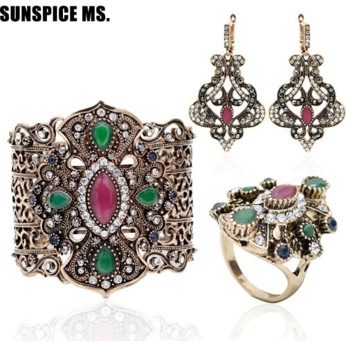3pcs Turkish Women Vintage Bracelet Earring Ring Jewelry Sets Antique Flower Bangle Cuff Long Dangle Earring Indian Wedding Ring