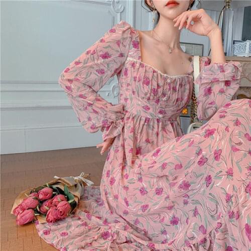 2021 New Spring Autumn Rose Floral Print Dress Women Retro Square Collar Long Sleeve Slim Fit Super Fairy Korean Style Dress