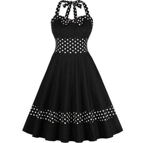 Bow Front Polka Dot Pin Up Vintage 50s Party Elegant Halter Rockabilly Dress Women Backless High Waist Pockets Ladies Dresses