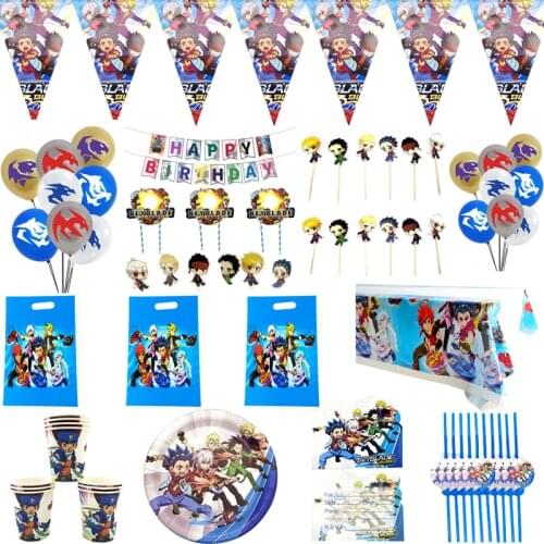 125PCS Beyblade Burst Theme Invitation Cards Flags Plates Straw Cups Birthday Party Banners Loot Bags Balloons Decora Tablecloth