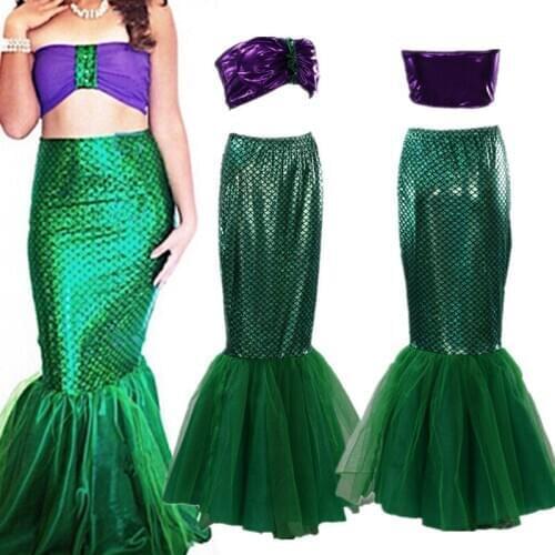2PCS Women Fancy Cosplay Suit Mermaid Purple Bra Scal Tail Skirt Green Dress Costume Party Masquerade S-XXL