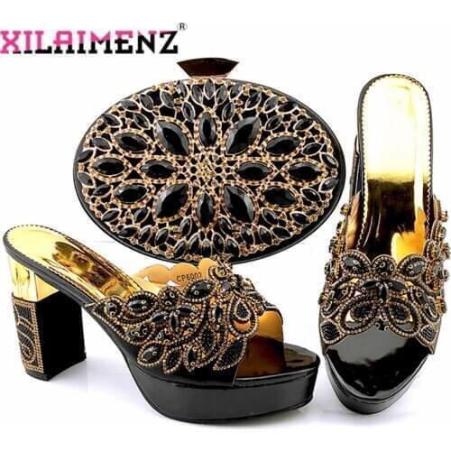 2020 High Quality Italian Women Design Italian Women Shoes and Bag to Match in Black Color with Shinning Crystal African Ladies