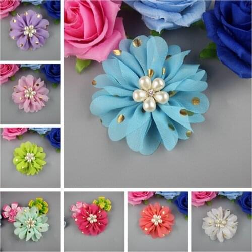 24 pcs/lot , Scalloped Ballerina Flowers with Gold Polka Dots Pearl Flower Button - You Choose the Color