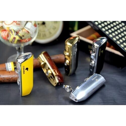 COHIBA Accessories Pocket Quality Metal Snake Mouth Shape Butane Gas Windproof 3 Torch Jet Flame Cigarette Cigar Lighter W Punch
