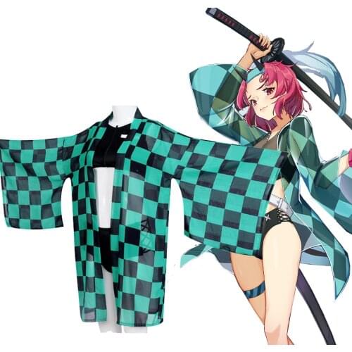 Anime Demon Slayer Swimsuit Kimetsu no Yaiba Cosplay Costume Kamado Tanjirou Summer Bikini Bathing Suit Beach Swimwear Kimono
