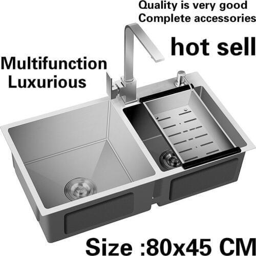 Free shipping Apartment kitchen manual sink double groove multifunction do the dishes 304 stainless steel hot sell 80x45 CM