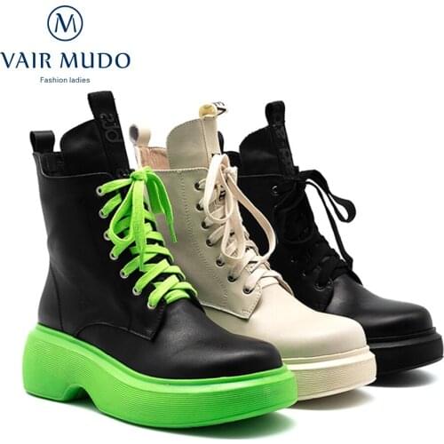 VAIR MUDO Spring Autumn Ankle Boots Shoes Women Genuine Leather Cross-Tied Round Toe Lace Up Elegant Fashion White Black WM-X62