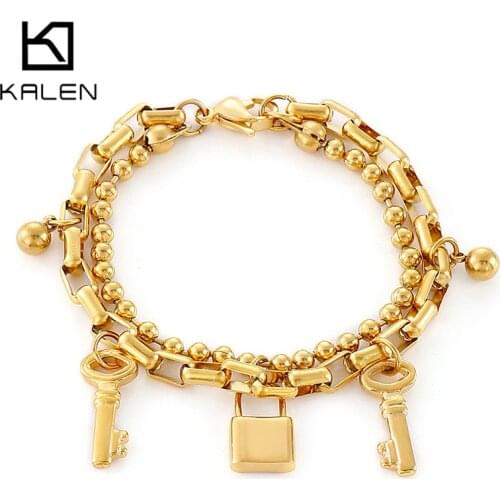 Kalen Stainless Steel Key Lock Bracelets For Women Party Gift Fashion Joyas de Beads Chain Charm Bracelets Jewelry