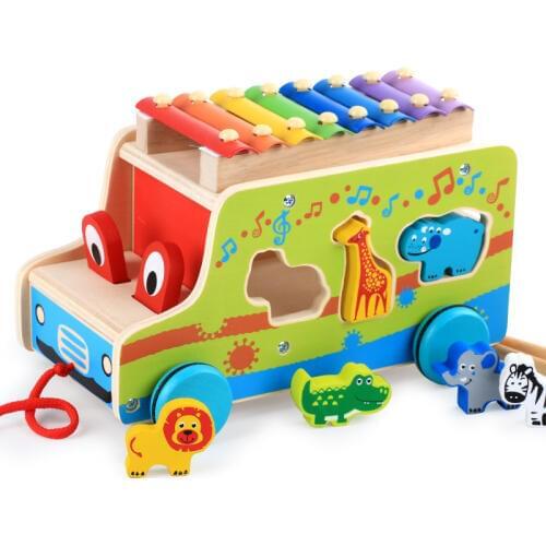 Children Musical Instrument Toy Box Wooden Xylophone 8-Note Music Instrument Toys Trailer Car Shape Recognize Toys for Kids