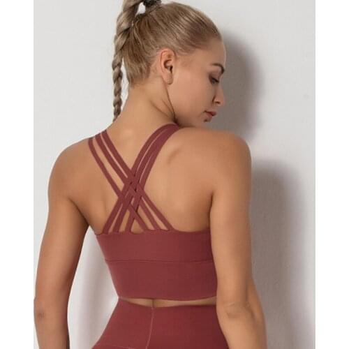 Womens Workout Sports Bras Medium Impact Strappy Back Support Gym Crop Top Femme Outdoor Jogging Active Wear Fitness Brassiere