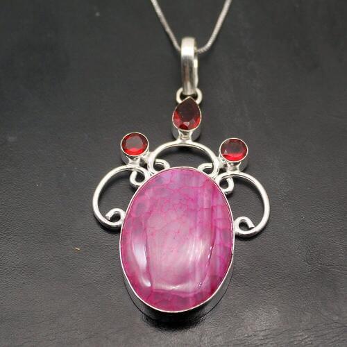 Hermosa Trendy Natural BotswanaAgate Red Garnet Charms Necklace Pendant 2 3/4 inch A303