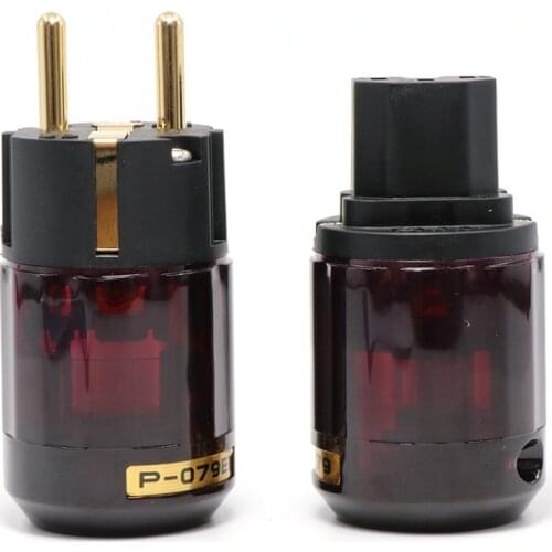 Pair High Quality P-079E+C079 24K Gold-Plated EU power cable plugs SCHUKO Power Plug hifi audio EU version AC power connector