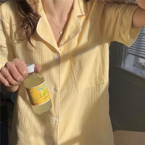 QWEEK Cotton Pijama Korean Sleepwear Summer 2021 Pajamas Women Short Sleeve Suits Cute Pyjama Sweet 2 Piece Set Solid Loungewear