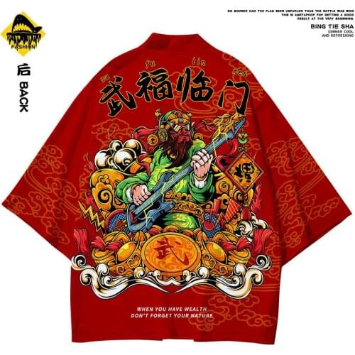 Men Cardigan Harajuku Red Print Robe Traditional Clothes Pant Suit Shirt Summer Chinese Style Samurai Kimono Daily Street Lounge