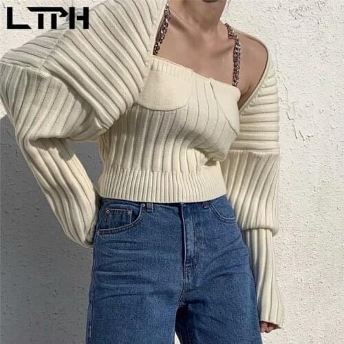 LTPH korean fashion streetwear women sweaters 2-piece long sleeve knitted cardigan sexy slim sleeveless camisole 2021 autumn new