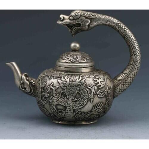 Collection Chinese Tibetan silver hand-carved dragon teapot