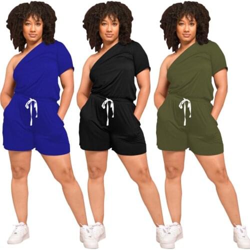 Fashionable One Shoulder Short Sleeve Jumpsuits Loose Stretchy Sportwear Shorts Romper Drawstring Elastic Waist with Pockets