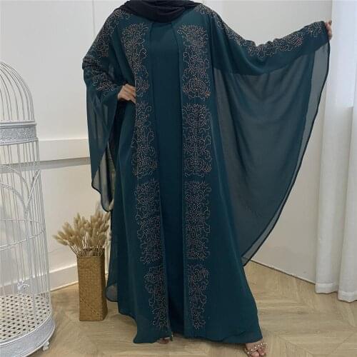 O-Neck Bat Wing Sleeve Cloak Cape Sequin Irregular Layered Chiffon Long Hijab Dress Abaya Muslim Women Clothing Fashion Design