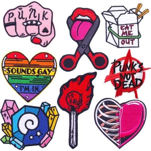 Punk Fist Embroidery Patch Exquisite Iron on Cloth Appliques for DIY Punker Clothing Punk Not Dead Slogan Badges Gay Heart Logo