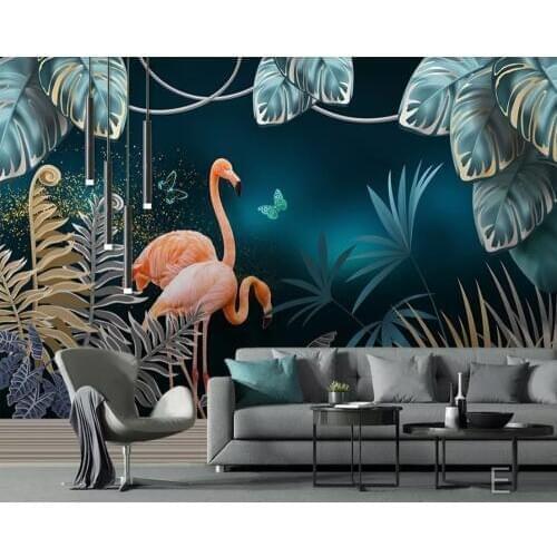 Topical plants leaves couple flamingos 3d wallpaper,living room tv wall bedroom wall papers home decor restaurant bar mural