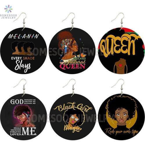 SOMESOOR Educated Natural Queen Afro Wooden Drop Earrings Respected Melanin Women Printed Wood Jewerly Black Girl Magic Gifts