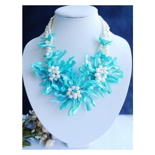 Perfect African Natural White Freshwater Pearl Blue Shell Flower Jewelry Necklace For Wedding Handmade New Free Shipping