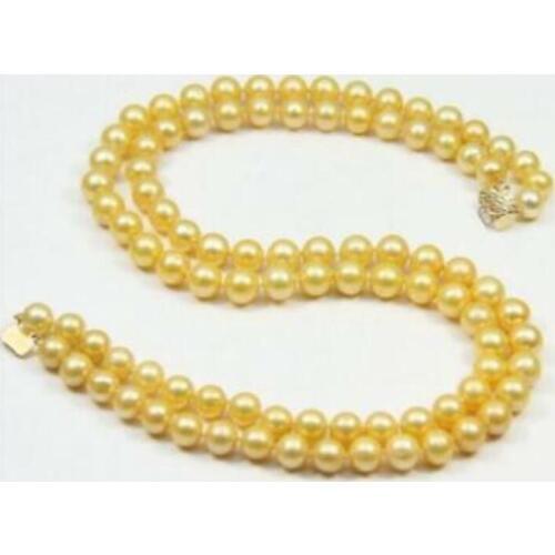 Hot Double strands AAA 9-10mm natural gold pearl necklace 18-19" Yellow clasp