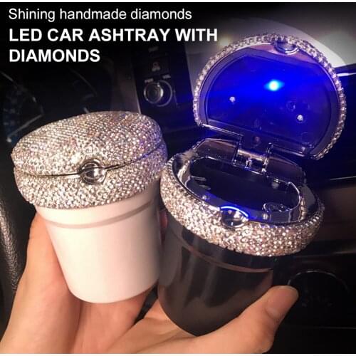 2021 NEW Ashtray Metal Car Bling Diamond Ashtray with Lid Smokeless with Blue LED Light Car Interior Accessories Gifts for Women