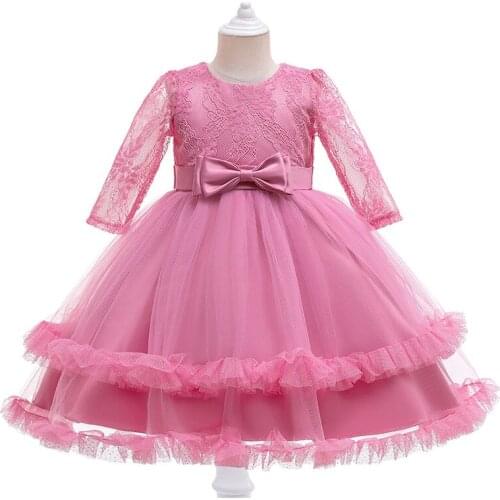 Girls' Long-Sleeved Bowknot Girls Birthday Wedding Party Dress Net Yarn Piano Performance Foreign Style Children Dress Skirt