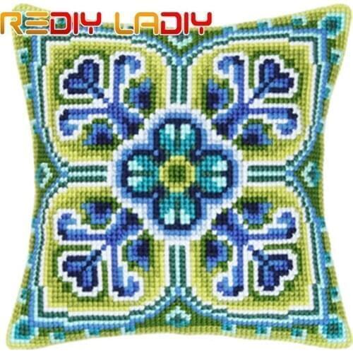 Cross Stitch Cushion Green Blue Mandala Make Your Own Pillow Chunky Cross Stitch Kits Printed Canvas Acrylic Yarn Pillow Case