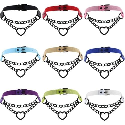Adjustable Heart Necklace Leather Choker Necklace Metal Chain Hiphop Cute Cosplay Collar Punk Gothic Harajuku Fashion Jewelry