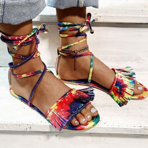 Summer Vogue Ladies Sandals Womens Rainbow Tassel Flat Shoes New New Ankle Strap Cover Heel Plus Size Female Footwear