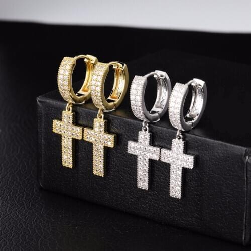D&Z Iced Out Bling CZ Stone Cross Earrings for Women Men Micro Paved Crucifix Pendiente Hip Hop Jewelry