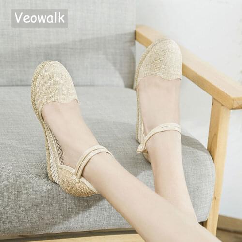 Veowalk Handmade Women Linen Wedge Sandals Bohemian Retro Ladies Summer Comfortable Casual Platforms 6cm Heeled Shoes