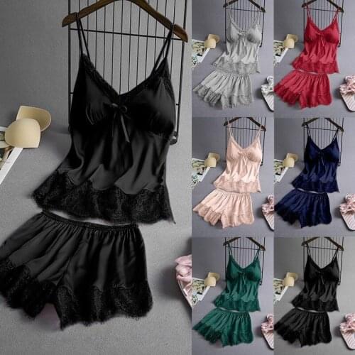 Women Sleepwear Short Set Satin Pajamas Sexy Lace Lingerie Home Clothes Tops and Shorts Solid Color Nighty Sets Sling Nightwear