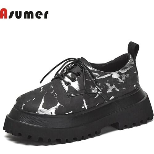 Asumer 2021 Flat Platform Shoes Women Vintage Single Shoes Lace Up Top Quality Spring Autumn Casual Genuine Leather Shoes Woman