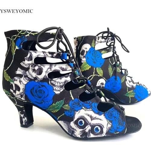 Summer Style Salsa Bachata Dance Shoes Girls Blue Halloween Skull Latin Dance Boot 6cm Heel Salsa Latin Dance Shoes For Women