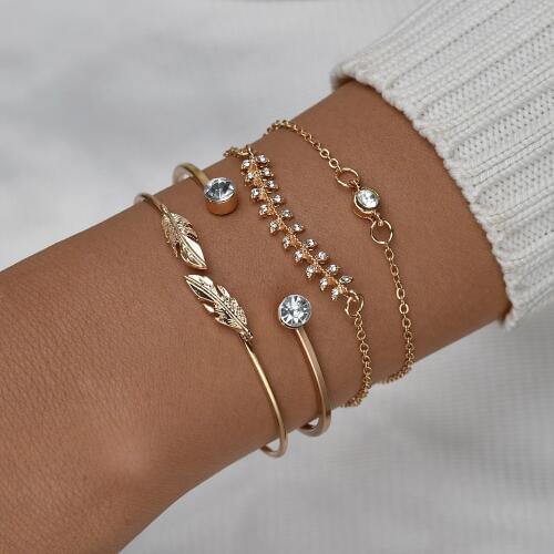 Leaf Bracelet Womens Four Pieces Bracelets Fashion Jewelry Accessories Female Alloy Handwrist Jewelry Rhinestone
