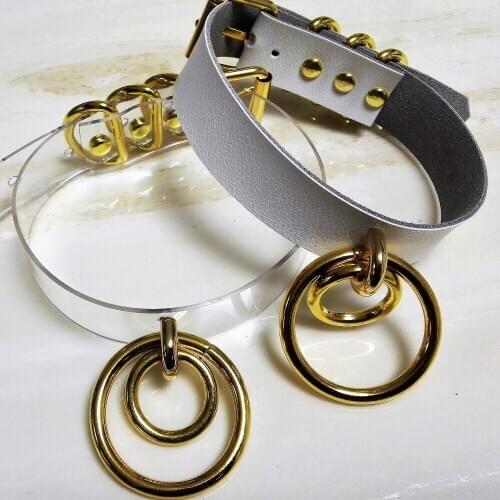 Sexy Fashion Harajuku Handmade Leather Choker belt Rock Punk Goth Collar double O-Round Stud Gold-color color Necklace torque