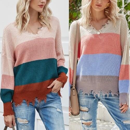 Women Autumn Long Sleeve Knitted Sweater Sexy V-Neck Backless Color Block Striped Pullover Top Ripped Trim Loose Jumper