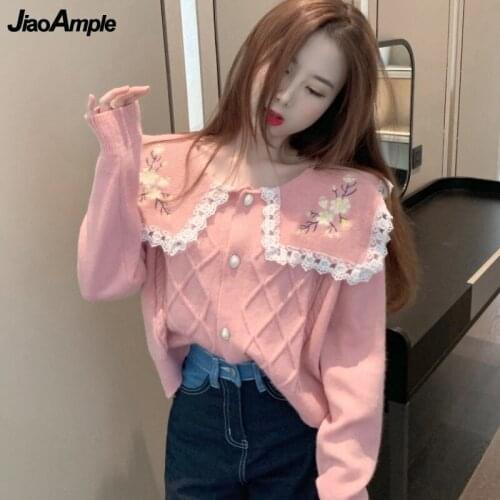 2021 Autumn Women New Sweet Embroidery Sweater Coats Girls Student Cute Peter Pan Collar Loose Cardigan Jacket Lady Knit Tops