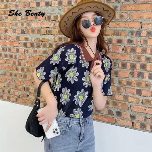 She Beaty Korean Fashion Knitted Sweater Pullovers Women 2021 Summer Clothes Loose Casual Short Sleeve Flowers Traf Tops Za Pull