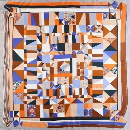 130cm Square Luxury Brand Geometric Plaid Winter Scarf Twill Silk Scarf For Women Kerchief Fashion Scarves Shawl For Ladies