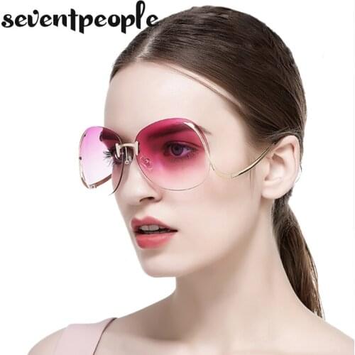 2020 Oversized Rimless Round Sunglasses Women Luxury Brand Designer Fashion Gradient Tint Bend Temple Sunglass Men UV400 Protect