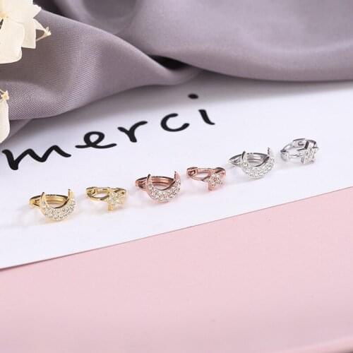 925 Sterling Silver Earring Stylish Cute Mini Zircon Star Moon Ear Ring Small Ear Bone Ear Buckle Wild Boy Girl Silver Ear Jewel