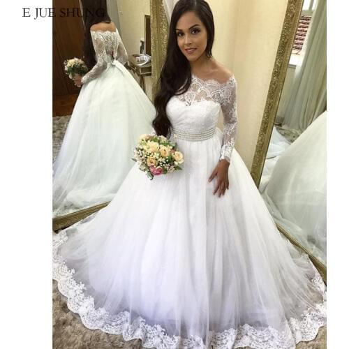 E JUE SHUNG White Lace Off The Shoulder Princess Wedding Dresses Long Sleeves Pearls Sash Wedding Gowns Bride Dress mariage