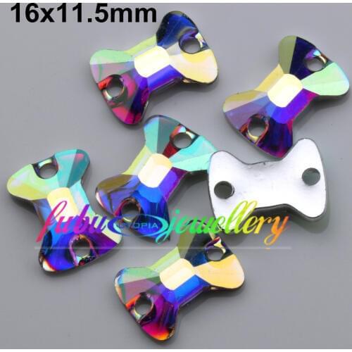 Free Shipping, 100pcs/Lot, 16*11.5mm Crystal AB / Clear AB Flat Back #3258 Bow Tie Resin Sew On Stones